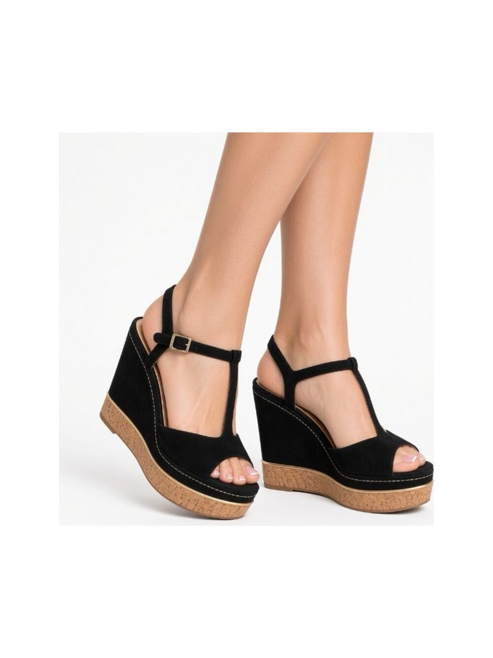 Jimmy Choo Black Wedge Suede Gold Heels Women Platform Open toe 39 8 Shoe Sandal